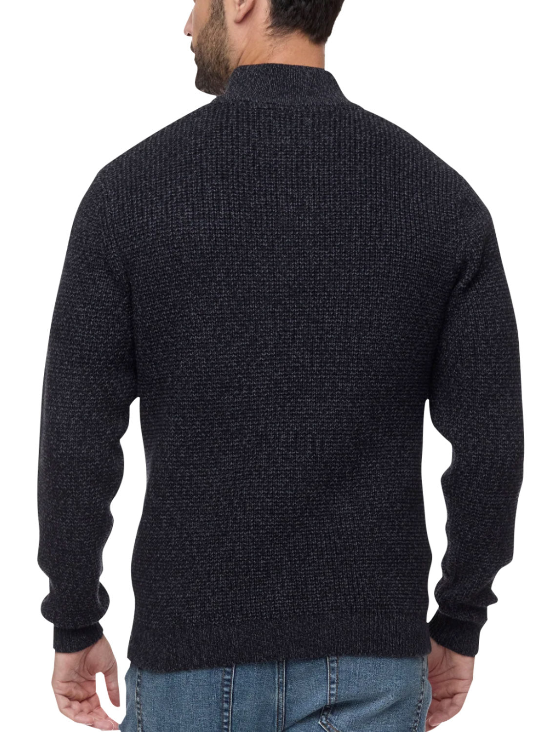 A man is seen from the back wearing Flag and Anthem's Denver Cooling Mock Neck Sweater in textured dark gray, paired with blue jeans. His head is slightly turned left and his arms rest by his sides.