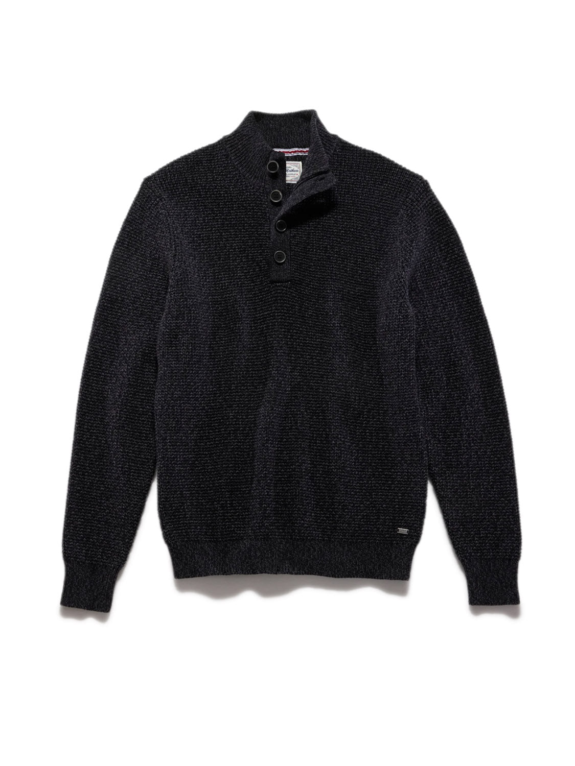 The Denver Cooling Mock Neck Sweater by Flag and Anthem is a dark knit, athletic fit sweater with long sleeves, a mock neck collar, and a four-button placket, shown laid flat on a white background.