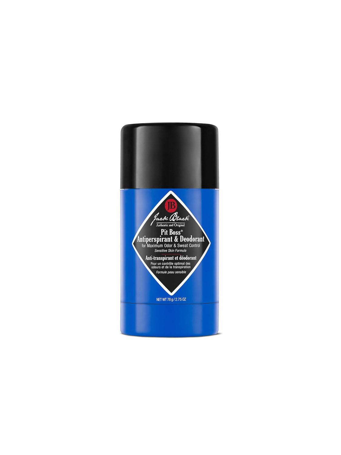 A blue and black stick of Jack Black Original Pit Boss® Antiperspirant & Deodorant with a black cap and a white, red, and black label is shown on a white background.