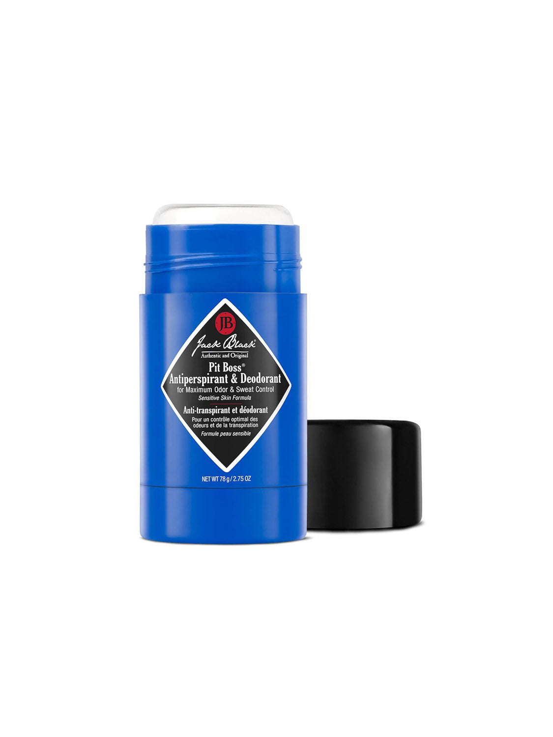 A blue stick of Jack Black Original Pit Boss® Antiperspirant & Deodorant, shown on a white background with the cap removed and placed beside it.