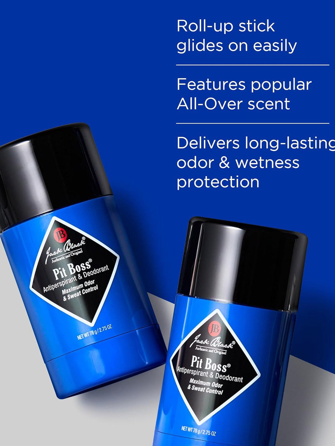 Two blue and black Jack Black Original Pit Boss® Antiperspirant & Deodorant sticks are displayed on a gray and blue background, with text emphasizing all-over scent, long-lasting odor protection, and wetness control.