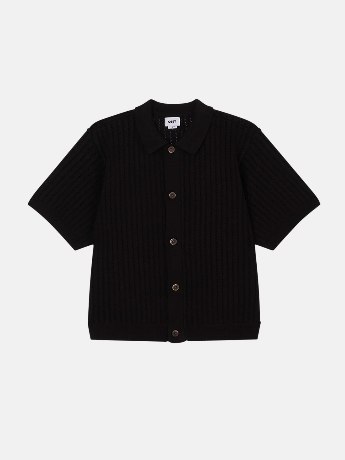 The Obey Dez Sweater Shirt by Obey is a black short-sleeve knit cardigan with a pointed collar, button-down front, and textured vertical stripes. Made from a cotton-polyester blend, it provides a relaxed fit for versatile styling.