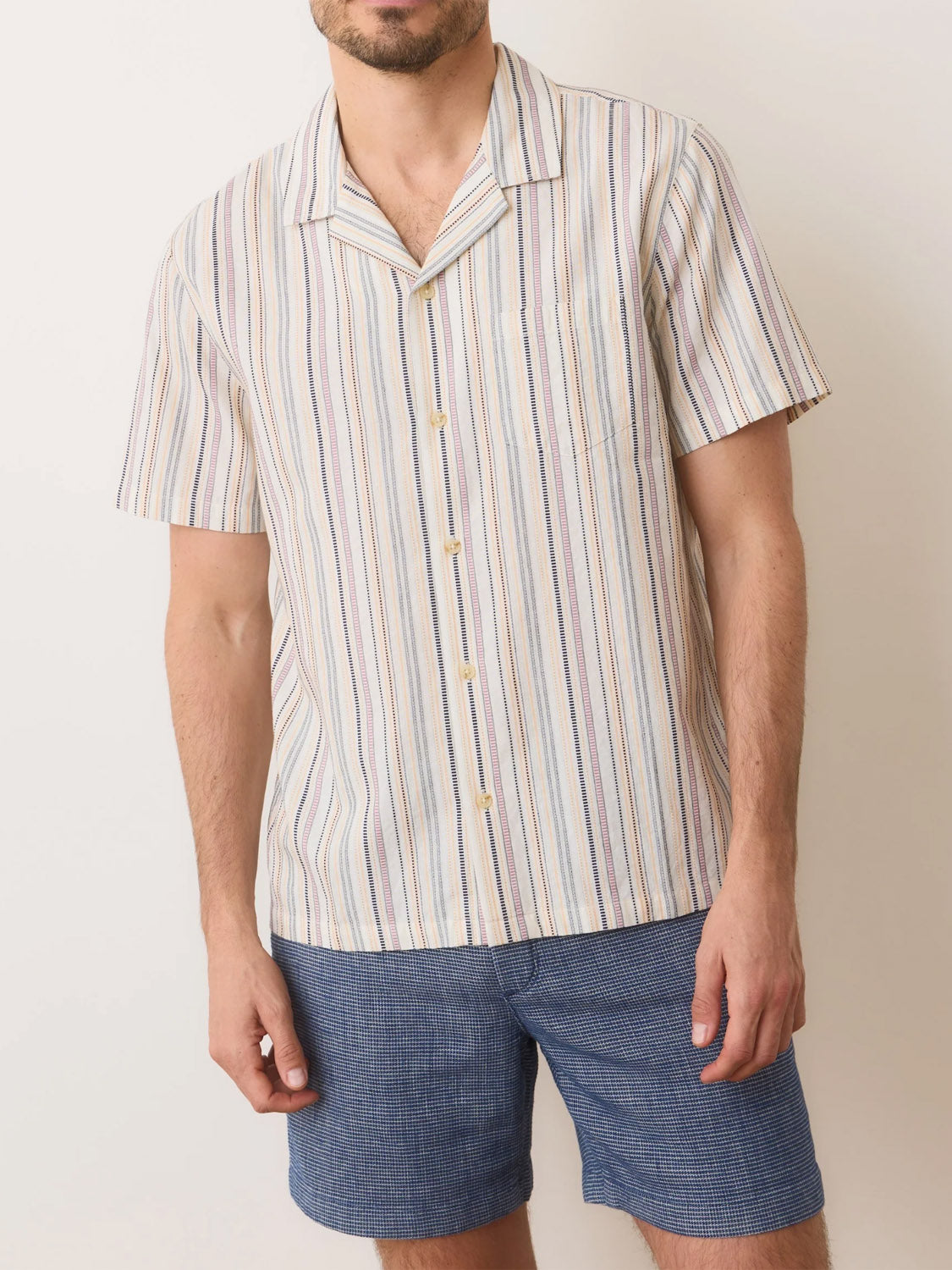 A person wearing the Marine Layer Dobby Resort Shirt in breathable fabric with woven pastel stripes of pink, blue, and beige is paired with blue shorts against a plain background.