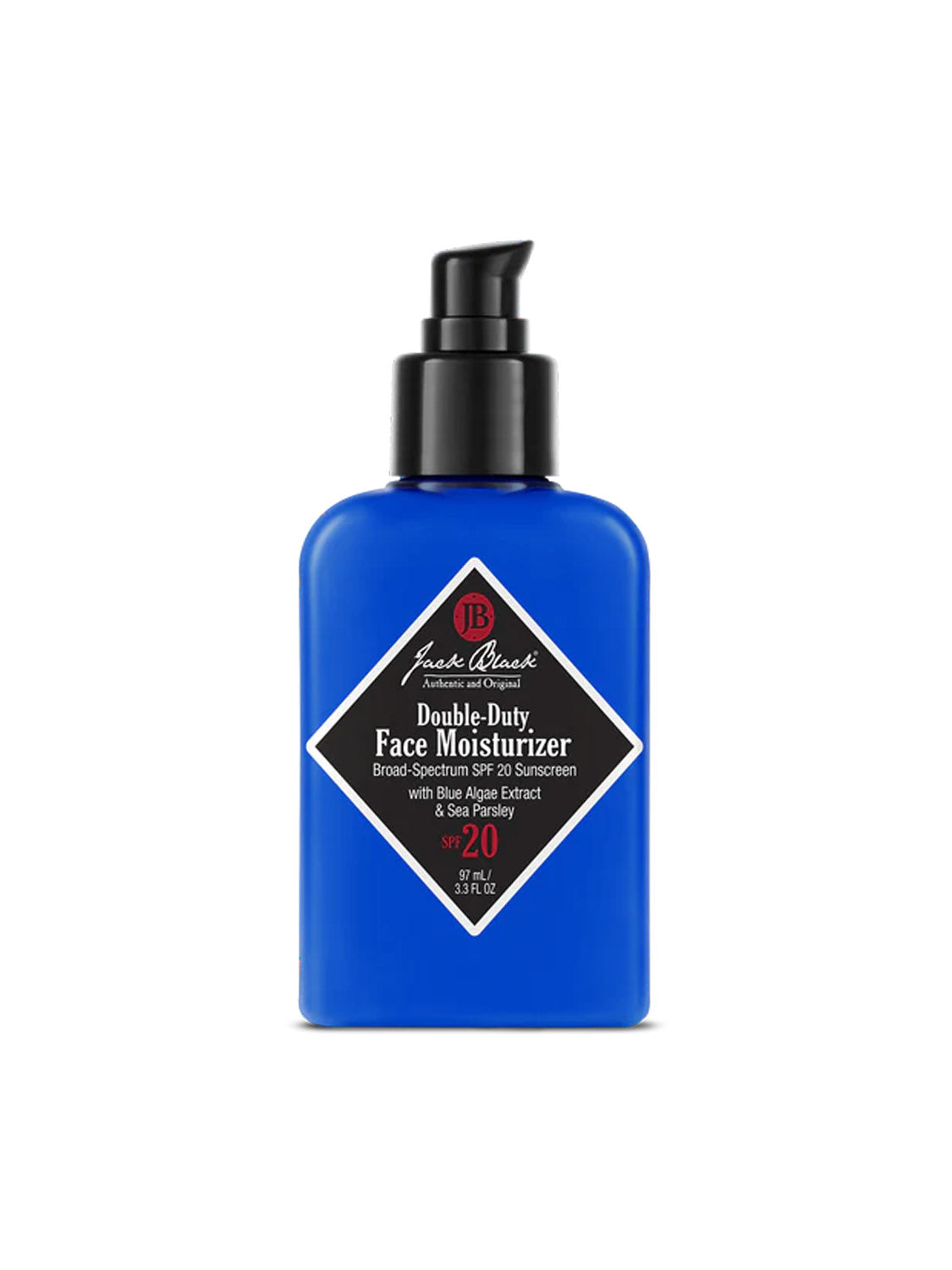 A blue bottle of Jack Black Double Duty Face Moisturizer SPF 20, with a black pump top and a black diamond-shaped label displaying white and red text on the front.