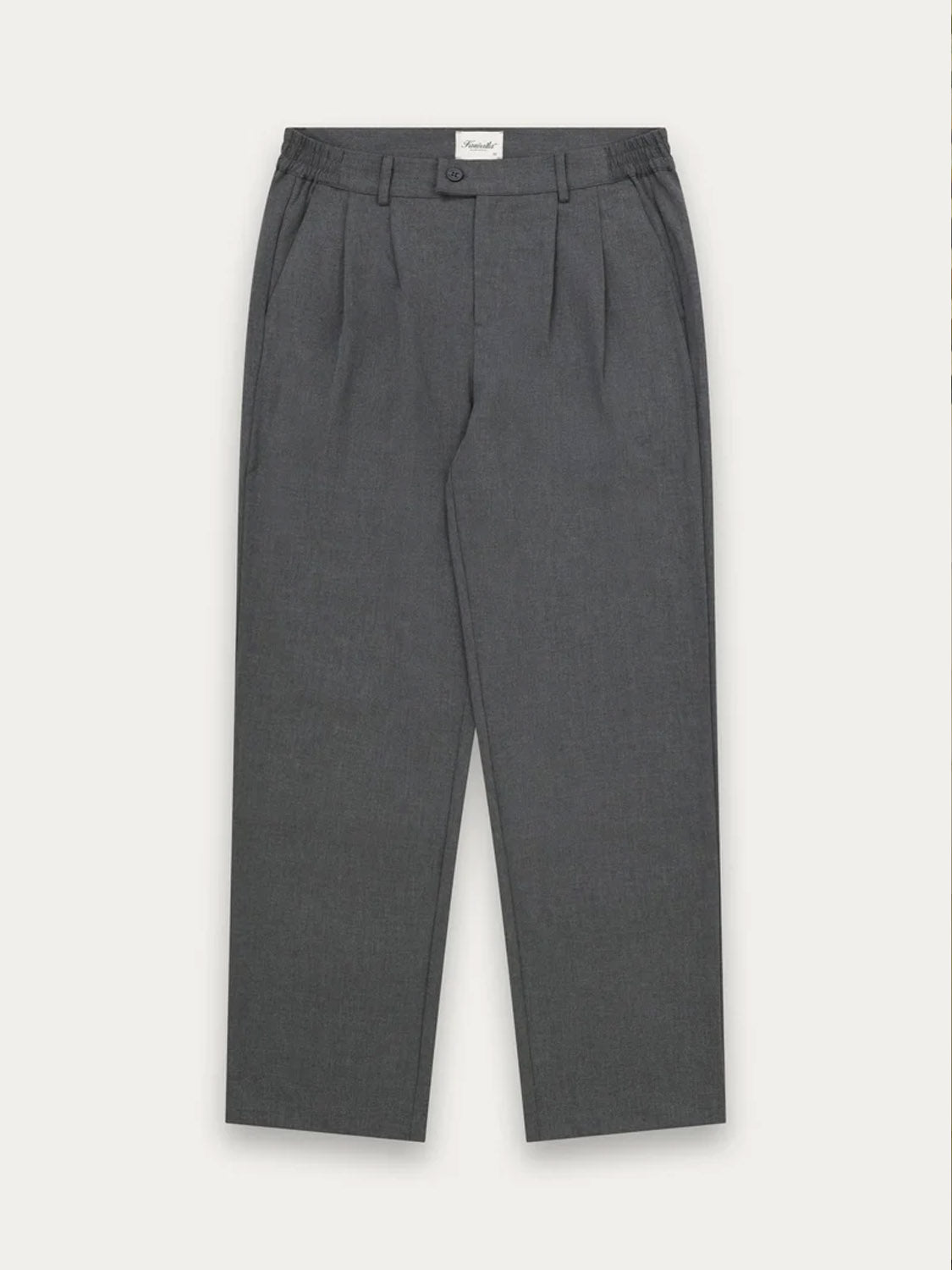 Kuwalla Double Pleated Pants in gray, featuring front button and zipper closure, belt loops, straight legs, and stretch comfort for a tailored look, laid flat on a light background.