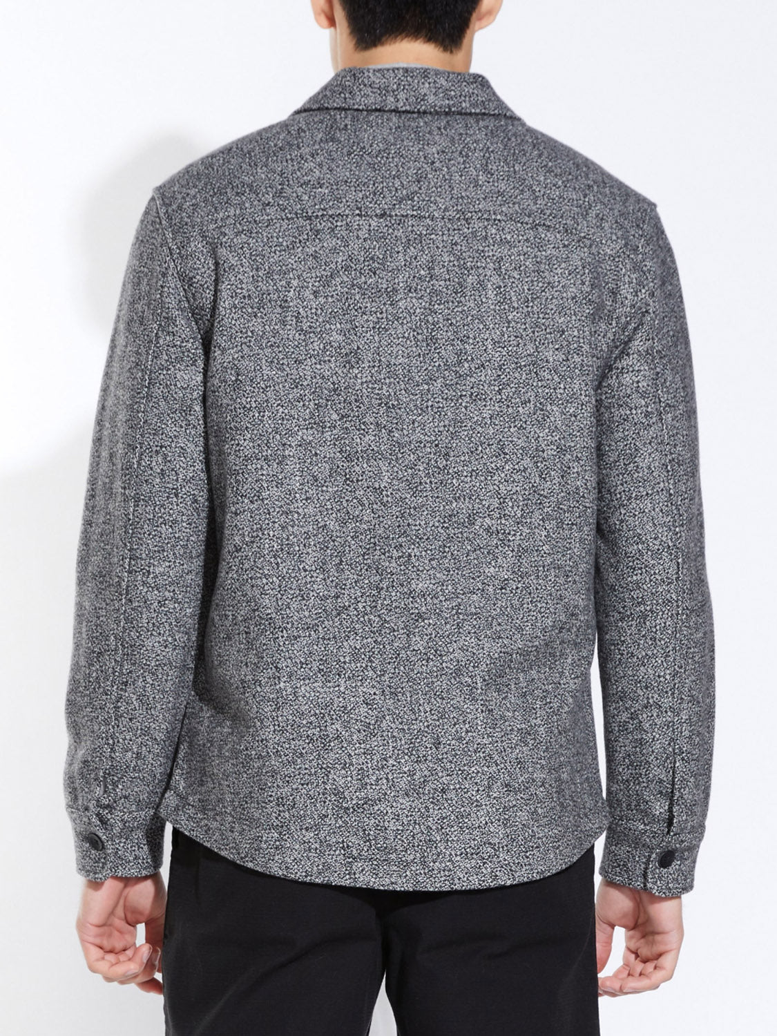 A person is shown from the back wearing the Civil Society Durbin Relaxed Fit Shirt Jacket in gray marl with black pants, standing against a plain white background.