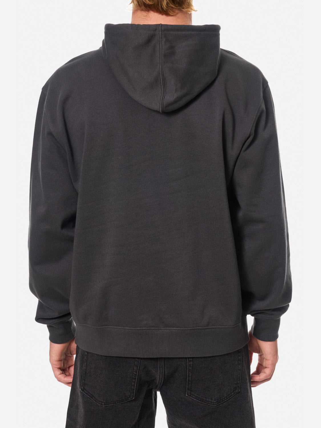 A person is seen from the back wearing a dark gray Katin Embroidered Full Zip Hoodie with the hood up (not covering the head) and black jeans. Their hands are relaxed by their sides, set against a plain white background.