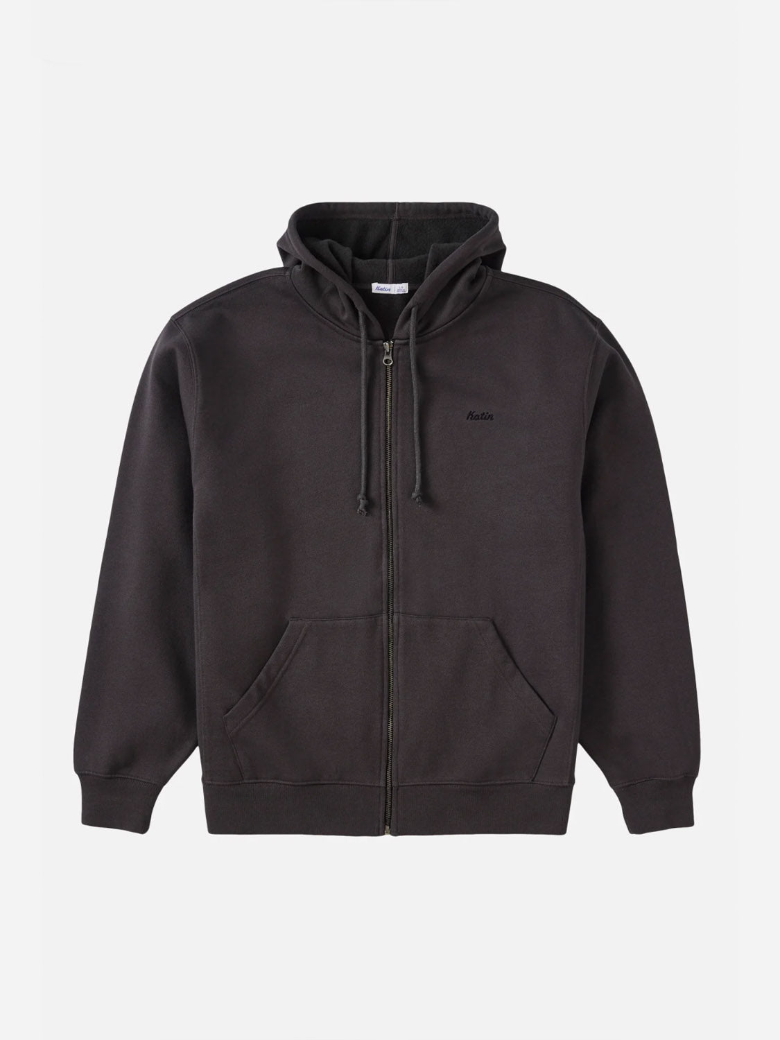 The Katin Embroidered Full Zip Hoodie is a heavyweight black fleece with a drawstring hood, front pockets, and subtle left chest embroidery, shown on a white background.