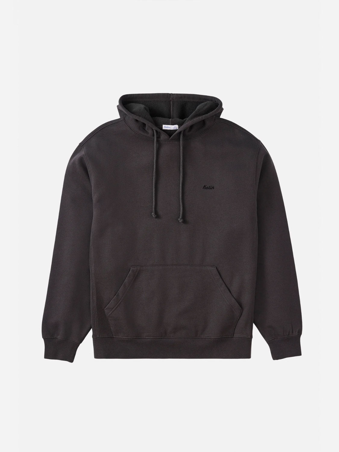The Katin Embroidered Hoodie is a plain black heavyweight fleece with a front pocket, drawstrings, and subtle chest embroidery, shown against a white background.