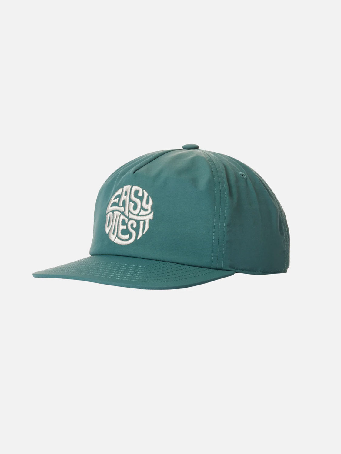 The Easy Emblem Hat by Katin features teal nylon, a curved brim, white "EASY QUEST" embroidery on the front, and a classic snapback closure.