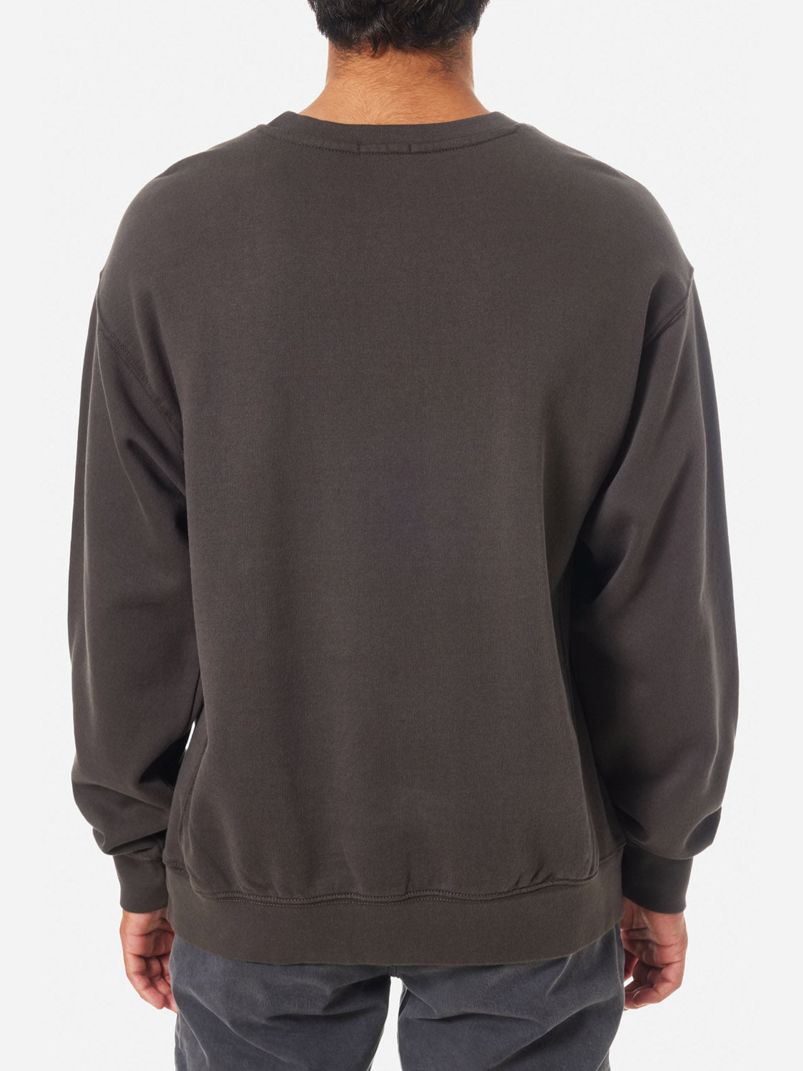 A person is seen from behind wearing a loose-fitting, long-sleeve Embroidered Crewneck by Katin in dark gray with dark pants, set against a plain white background.