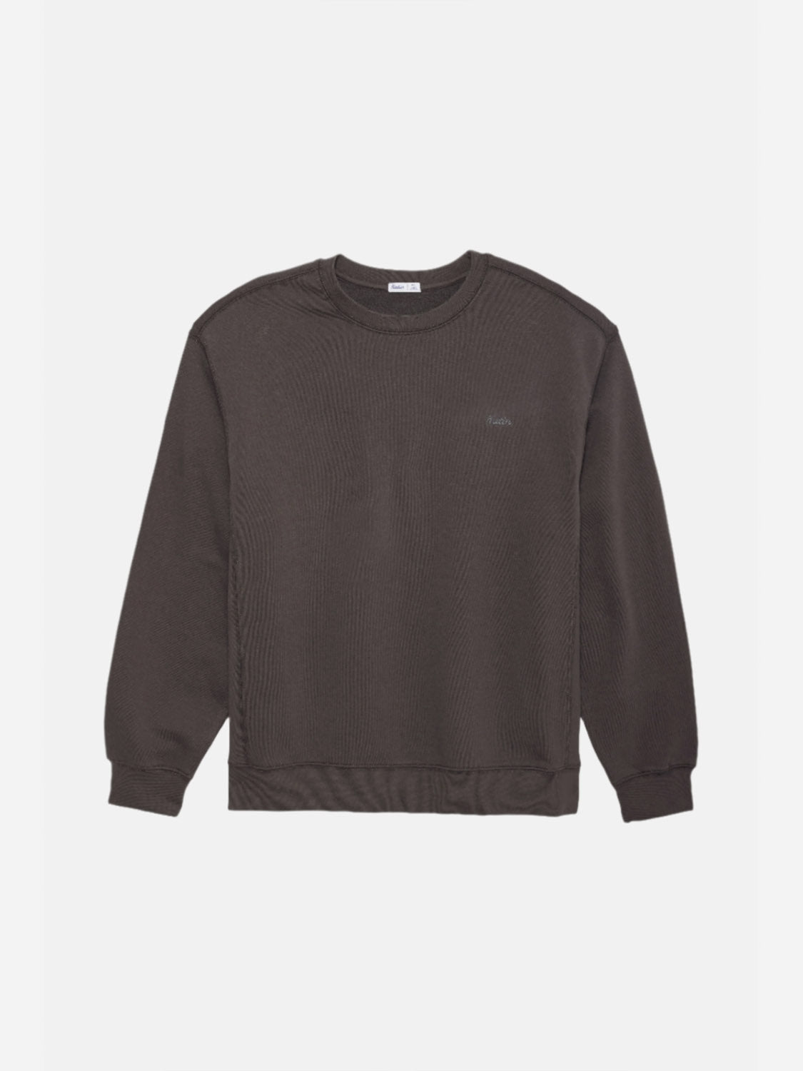 The Katin Embroidered Crewneck is a dark brown sweatshirt with long sleeves, ribbed cuffs and hem, made from soft fleece, shown laid flat on a light background.