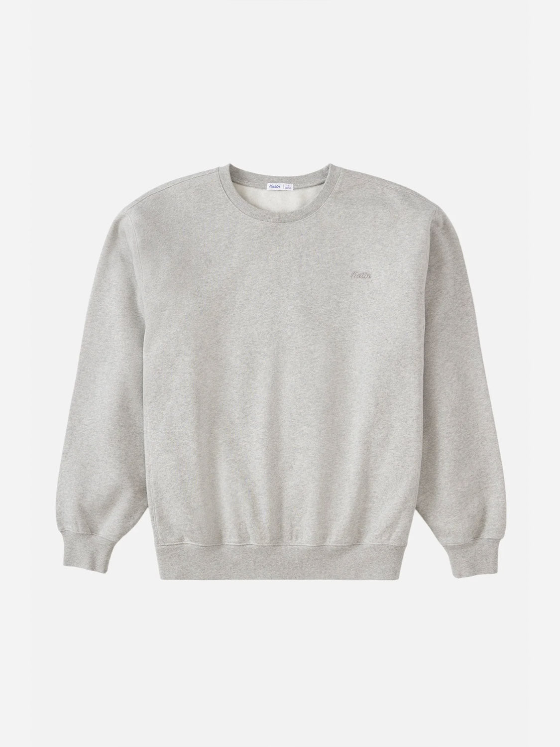 The Katin Embroidered Crewneck is a light gray sweatshirt made from soft fleece, featuring long sleeves, ribbed cuffs and hem, shown against a white background.