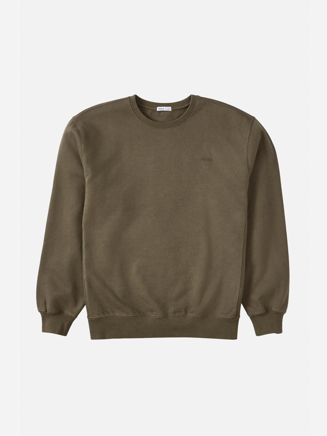 The Katin Embroidered Crewneck in olive green features long sleeves, ribbed cuffs and hem, soft fleece fabric, and a small logo on the left chest. Displayed flat against a plain white background.
