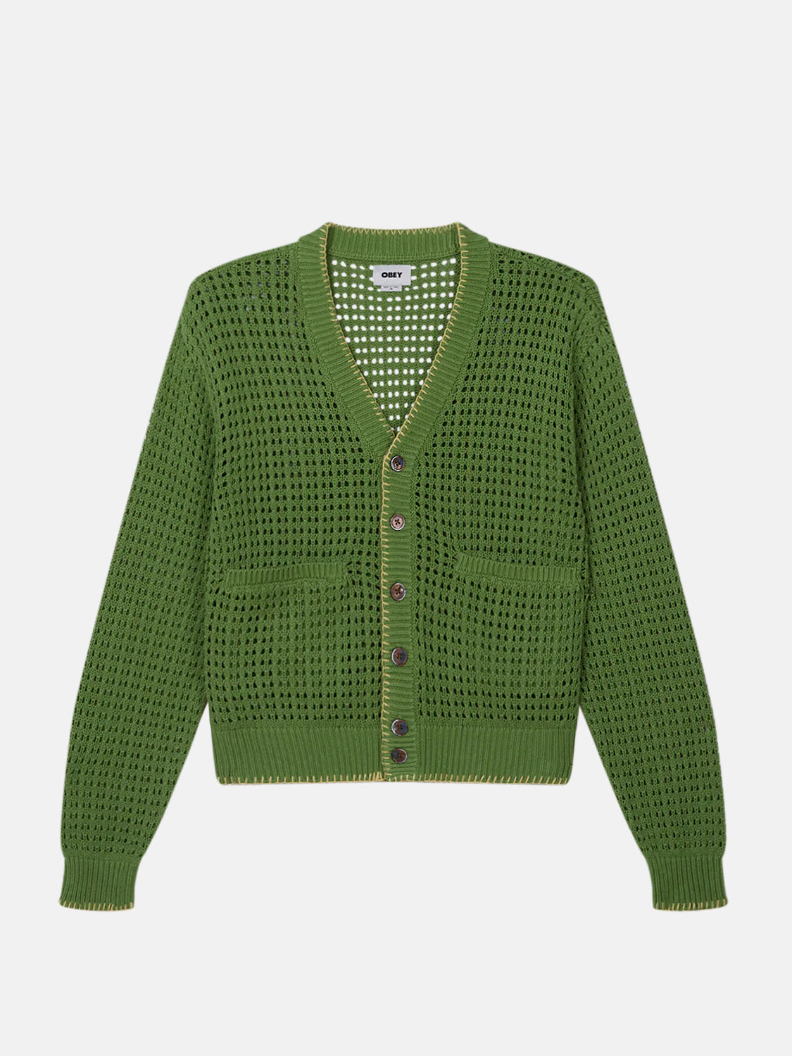 The Obey Ethan Cardigan by Obey is a green, open-knit design with a V-neck and button front. Made from 100% cotton, it showcases a mesh-like texture with two front pockets, all set against a white background.