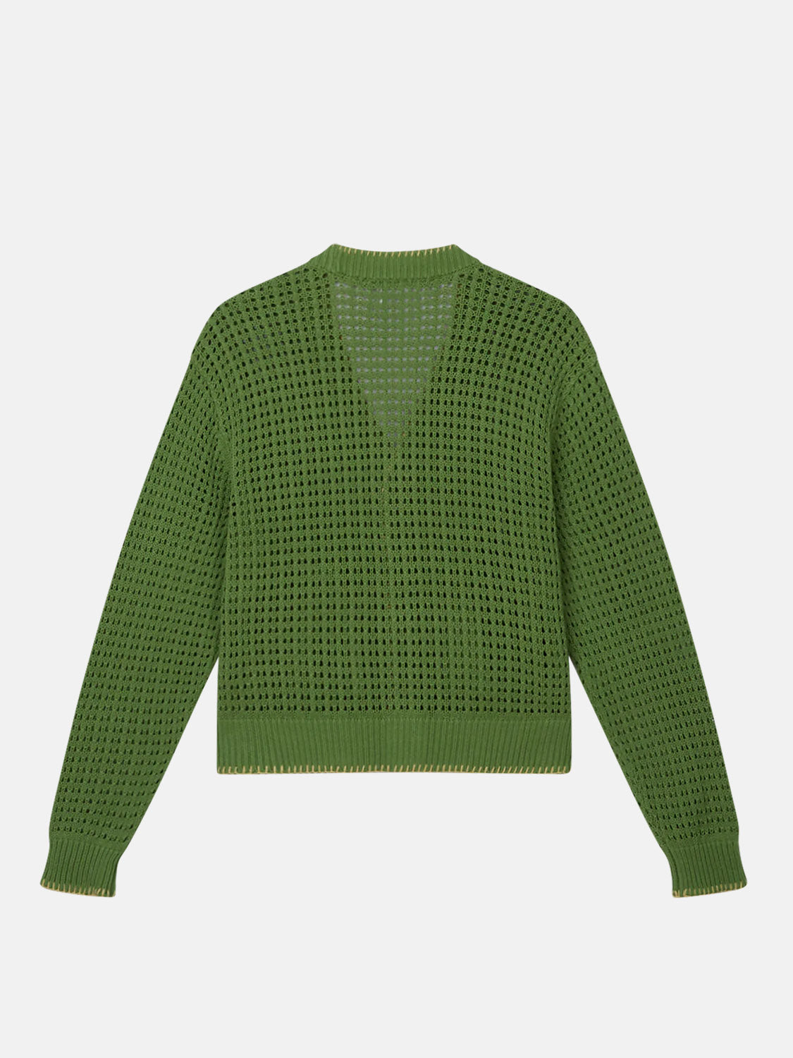 The Obey Ethan Cardigan is a green crochet sweater with a V-neck and long sleeves on a white backdrop, showcasing an open-knit design. Crafted from 100% cotton, its loose fit is ideal for layering and adds effortless style.