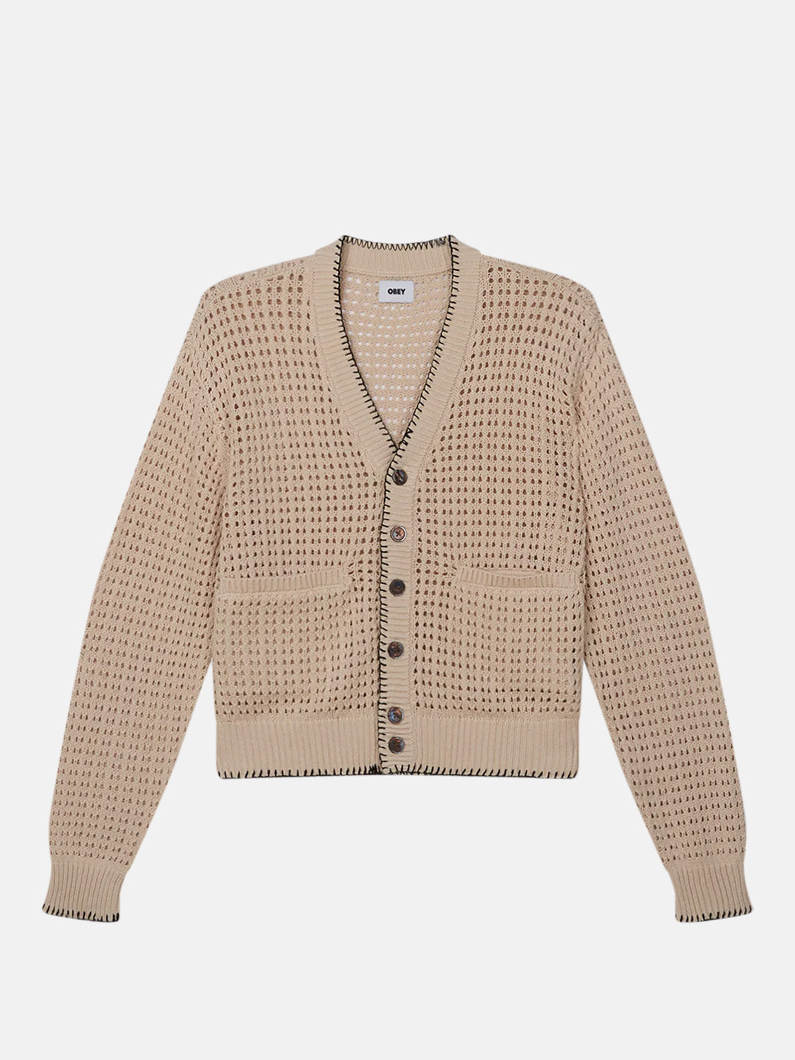 The Obey Ethan Cardigan by Obey is a beige knitted 100% cotton piece featuring a honeycomb pattern, V-neck, and button front with black edging. It includes two front pockets and long sleeves, elegantly set against a white background.