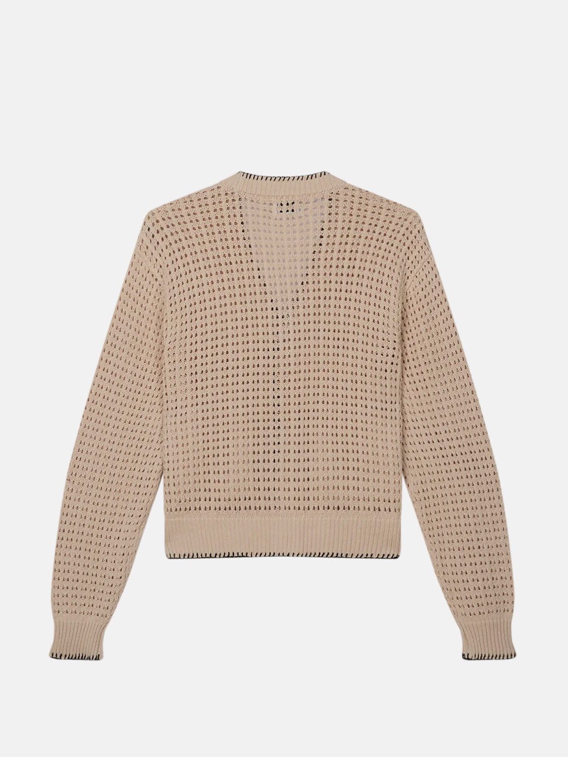The Obey Ethan Cardigan by Obey is a beige mesh knit sweater with long sleeves and a crew neckline. Made from 100% cotton, it features an intricate pattern of small holes with contrasting black stitching on the hem and cuffs, set against a pristine white background.