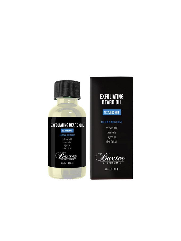 A bottle of Baxter Exfoliating Beard Oil sits beside its black box packaging, both emphasizing key ingredients and benefits specifically crafted for textured hair.