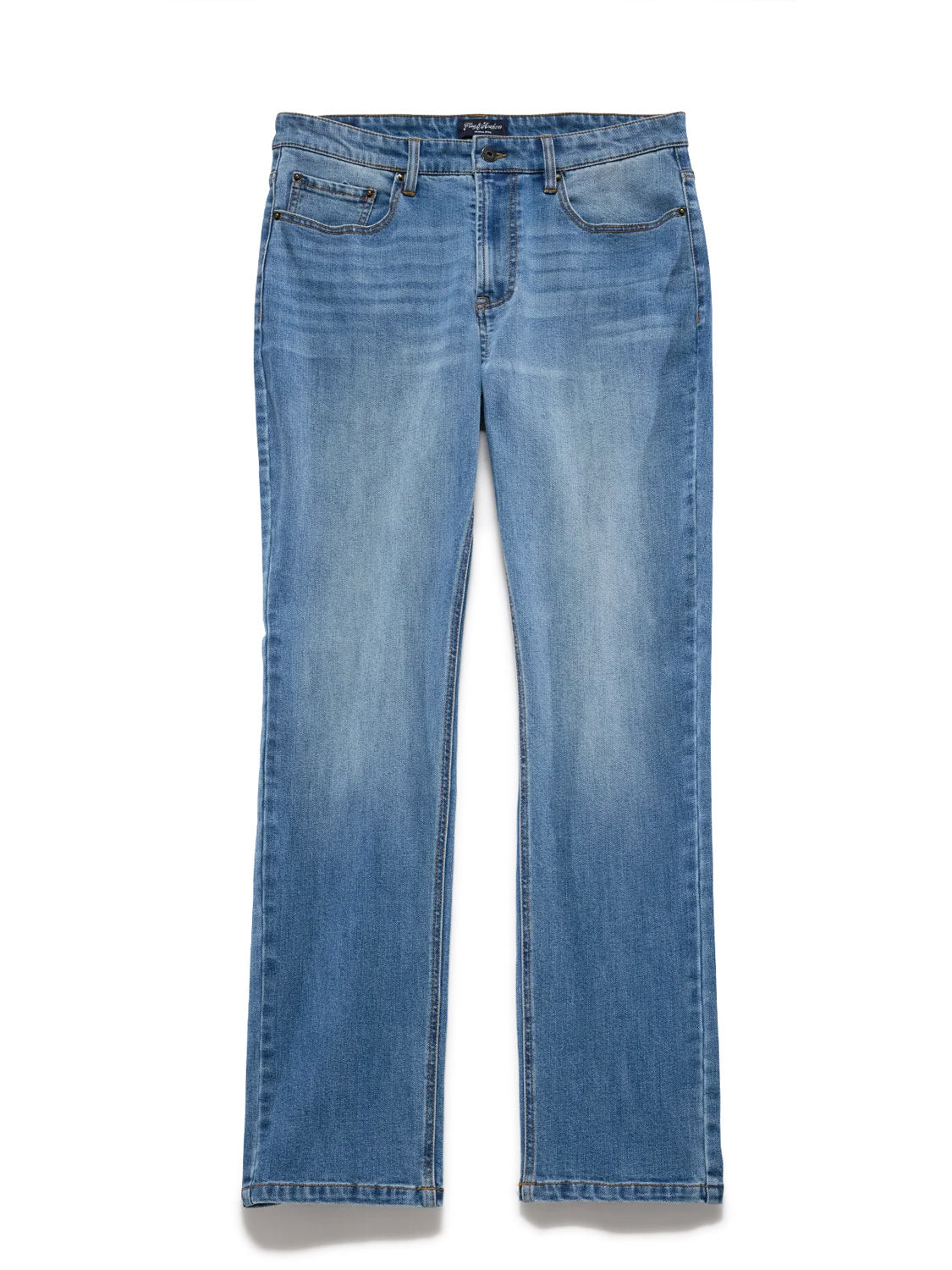 The Flag and Anthem Fontana Cooling Jean-Nashville Straight is a pair of blue straight-leg jeans with a classic five-pocket design, visible stitching, slight thigh fading, and lightweight, breathable fabric, shown laid flat on a white background.