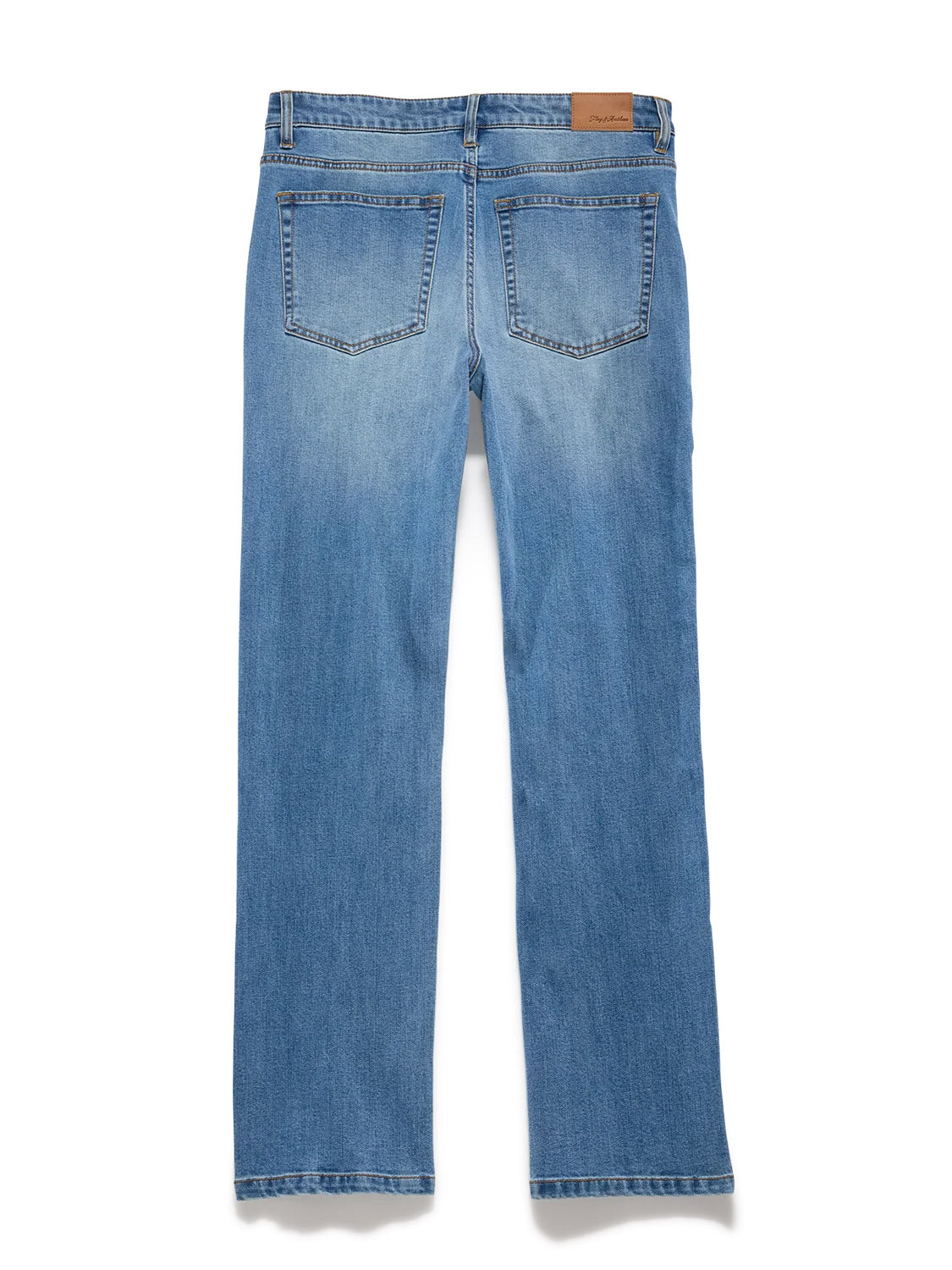 The Flag and Anthem Fontana Cooling Jean-Nashville Straight is a pair of light blue jeans with two rear pockets, a brown leather patch on the waistband, and straight legs, crafted from breathable, lightweight denim.