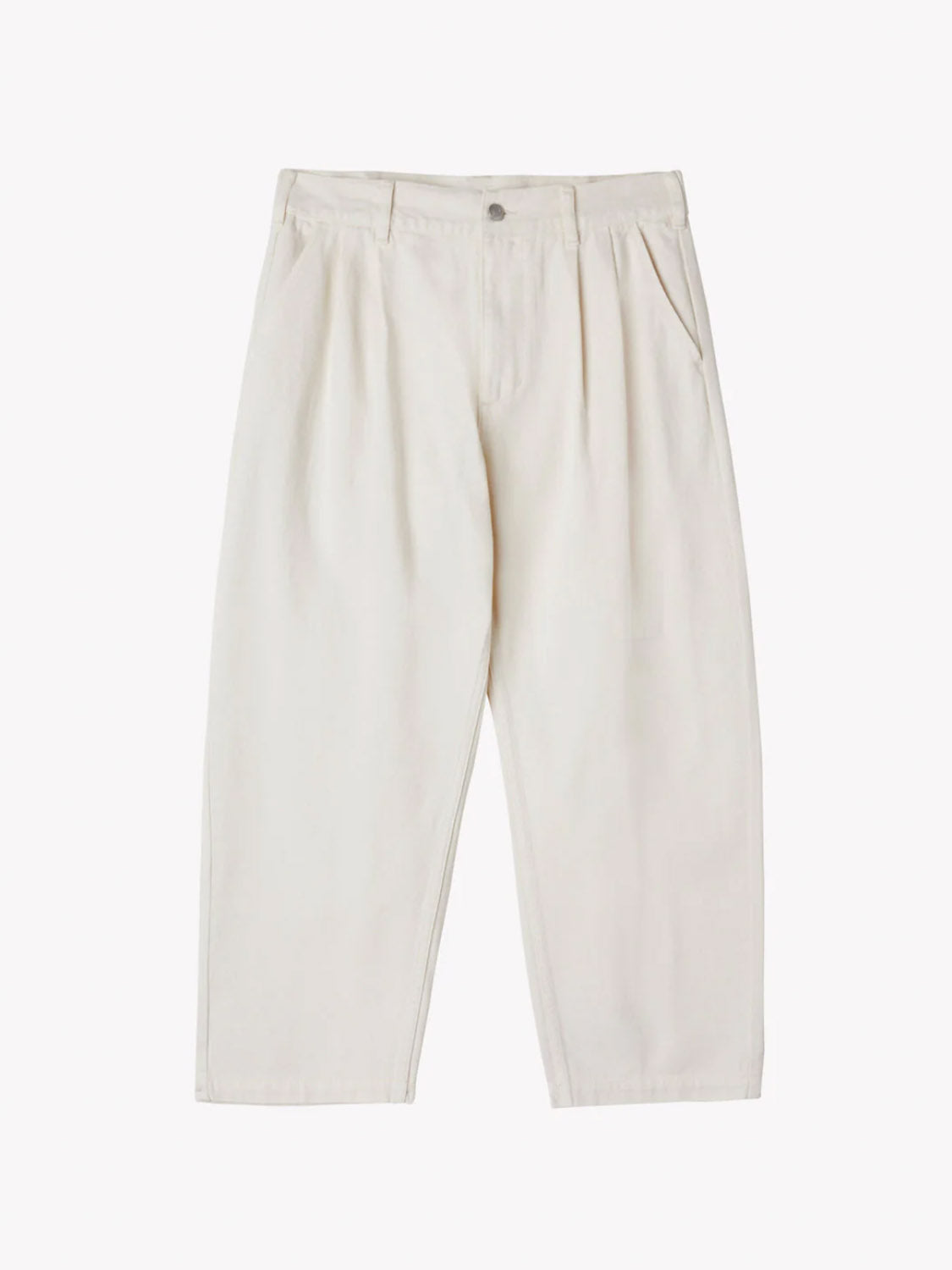 Obey Fubar Pleated Denim are white, high-waisted pants featuring a pleated front with button closure, relaxed tapered fit, side pockets, and Obey eyes labeling against a plain white background.