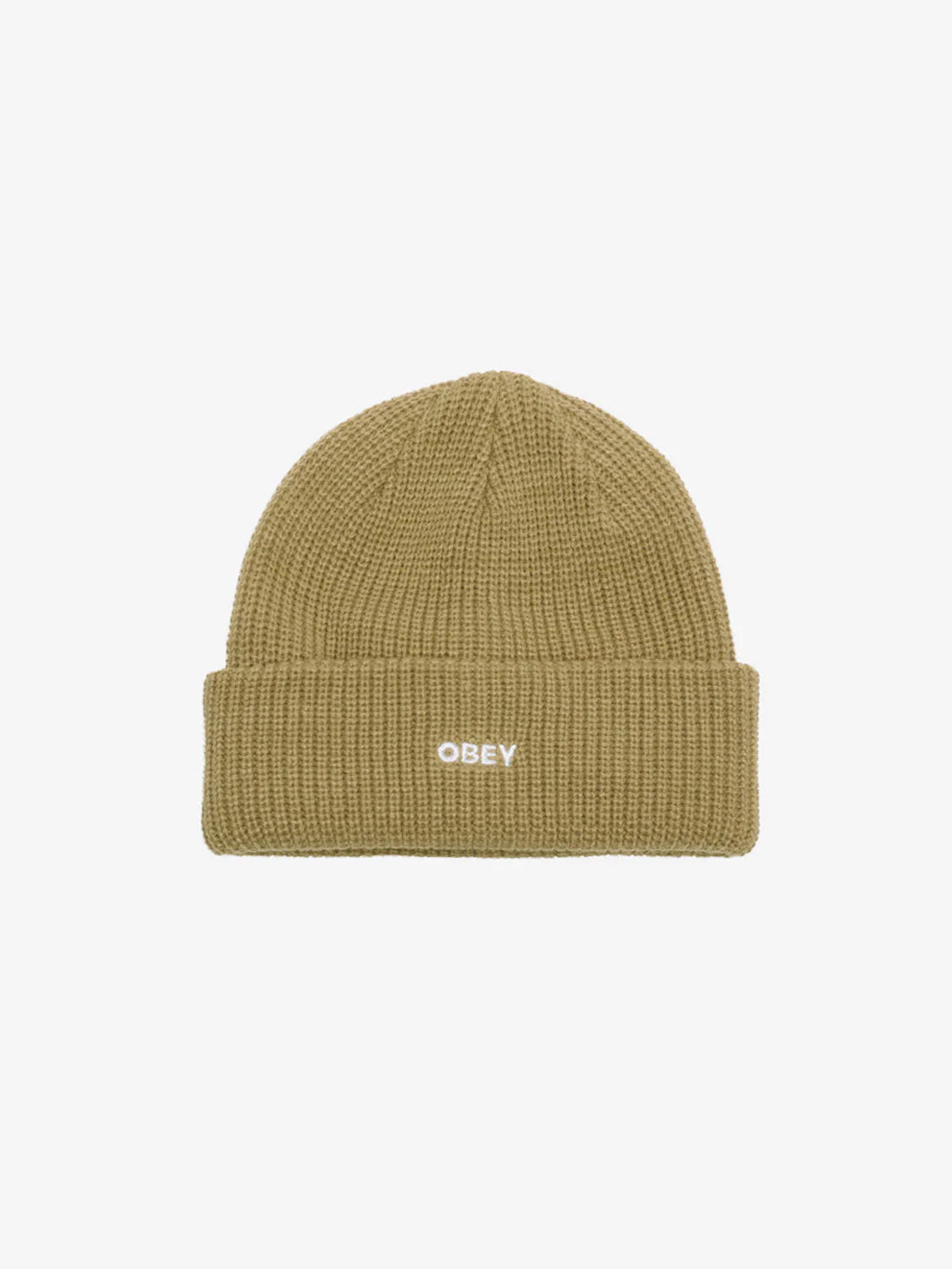The Obey Future Beanie is a khaki mid beanie with a folded brim, made from 100% acrylic and featuring white Obey embroidery on the front. It is shown against a plain white background.