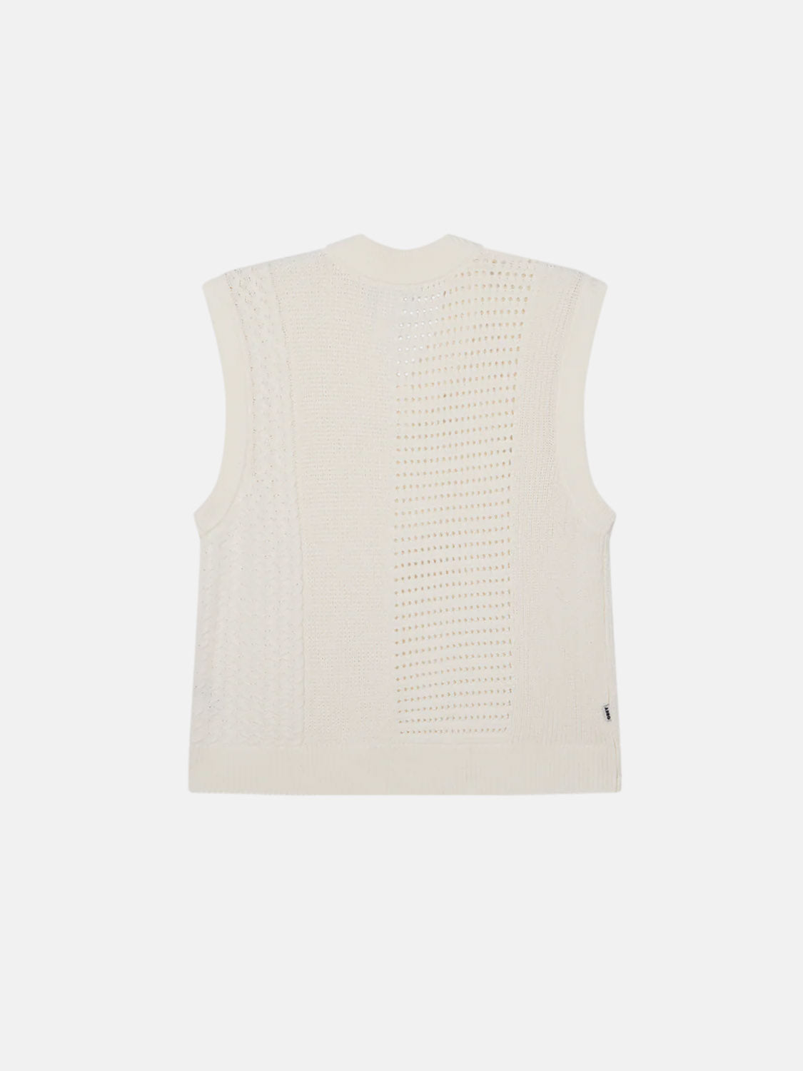 The Obey Garret Sweater Vest, by Obey, is a cream-colored regular fit knit vest made from 100% cotton. It features cable knit and mesh textures on a white background, with a sleek round neckline and a tag near the bottom edge.