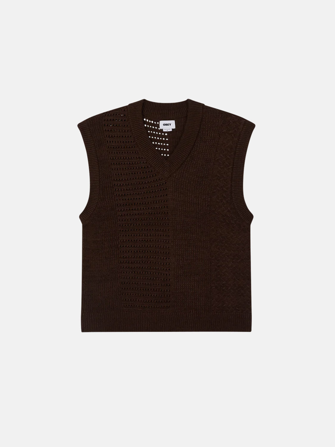 The Obey Garret Sweater Vest, a dark brown V-neck design with a textured pattern and sleeveless style, is laid flat against a white background. Made from 100% cotton for a regular fit, the label inside the collar enhances its authenticity.