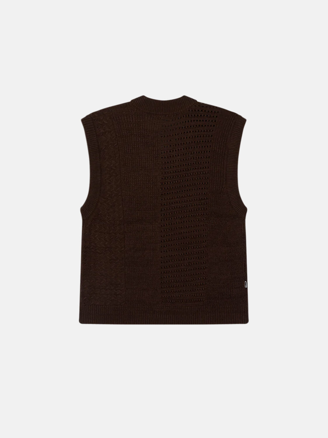Rear view of the Obey Garret Sweater Vest, a regular fit, sleeveless dark brown vest on a white backdrop. This V-neck from Obey is crafted from 100% cotton and displays a patterned design down the center.