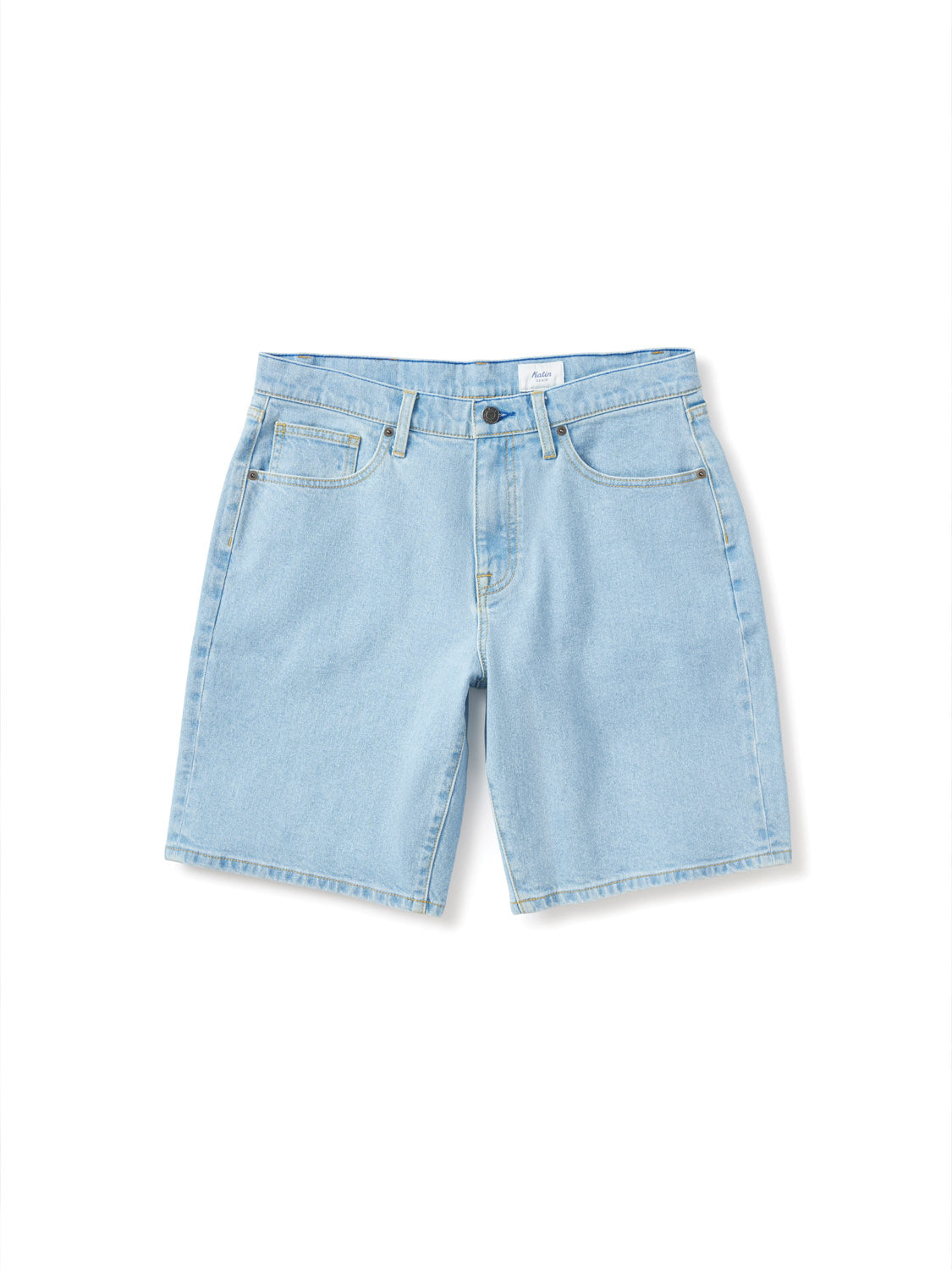 The Katin George 64 Short - 20 in light blue denim offers a relaxed fit and classic wash. It features five-pocket styling, belt loops, and a button closure with zipper fly, displayed flat against a white background.