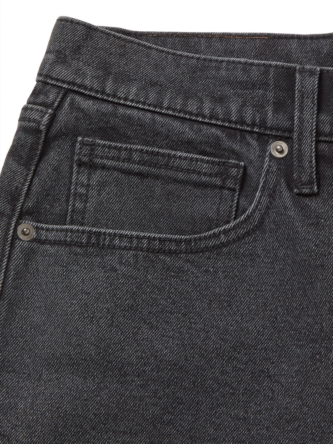 Close-up of the Katin George 64 Short - 20 in dark gray denim, highlighting the front pocket area. Textured fabric with visible stitching and metal rivets complements the classic wash. The waistband and belt loop partially visible, emphasize its relaxed fit from Katin.