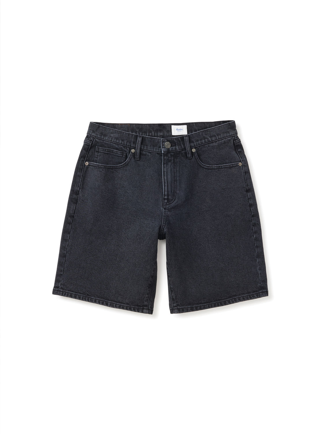 The Katin George 64 Short - 20 features a relaxed fit in classic wash dark denim with a timeless five-pocket design, and includes button and zipper closure, elegantly presented on a plain white background.