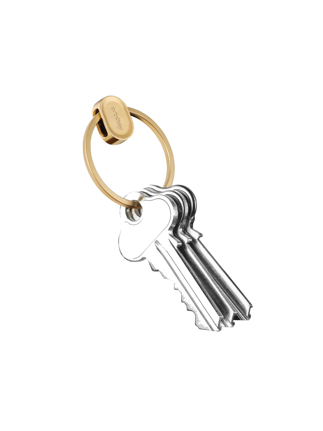 The Orbitkeys Key Ring V2 features four durable stainless steel silver keys on a gold keyring with a round, gold-toned attachment, all displayed against a white background.