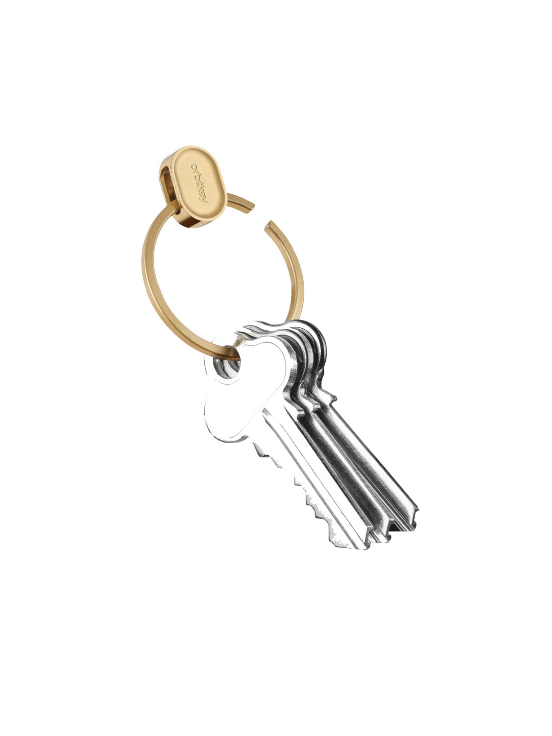 The Orbitkeys Key Ring V2 is a durable stainless steel quick-release key ring with a small engraved tag, holding three silver metal keys. All items are shown isolated on a white background.