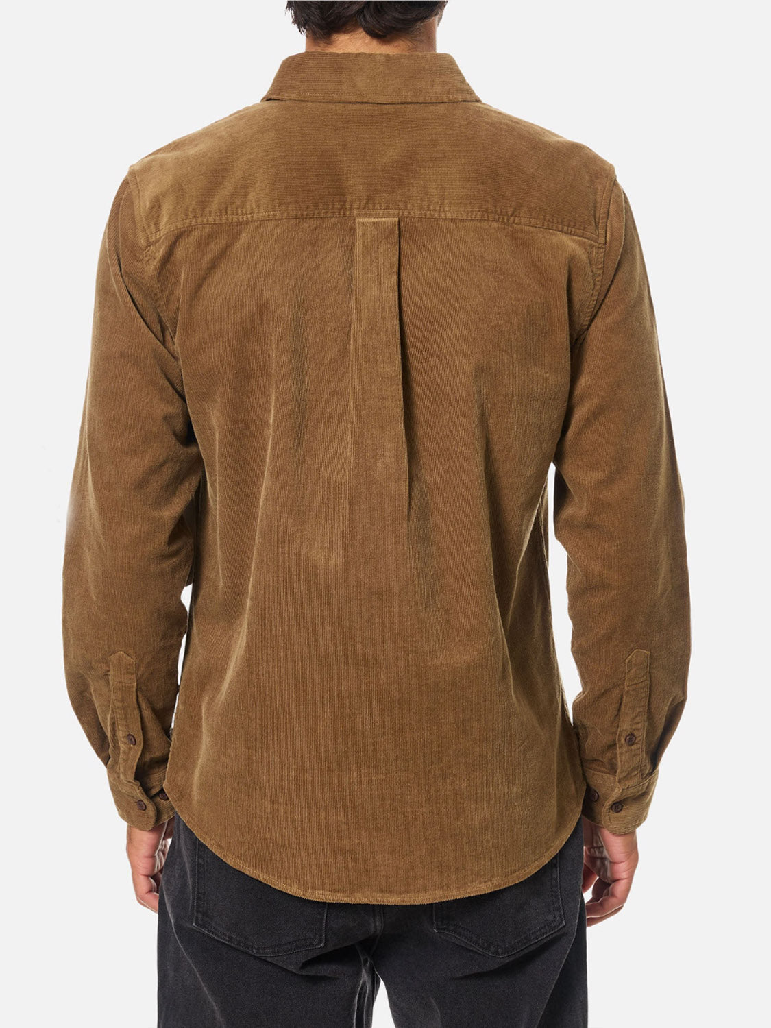 A person is shown from the back against a plain white background wearing the Katin Granada Shirt in brown corduroy and black pants.