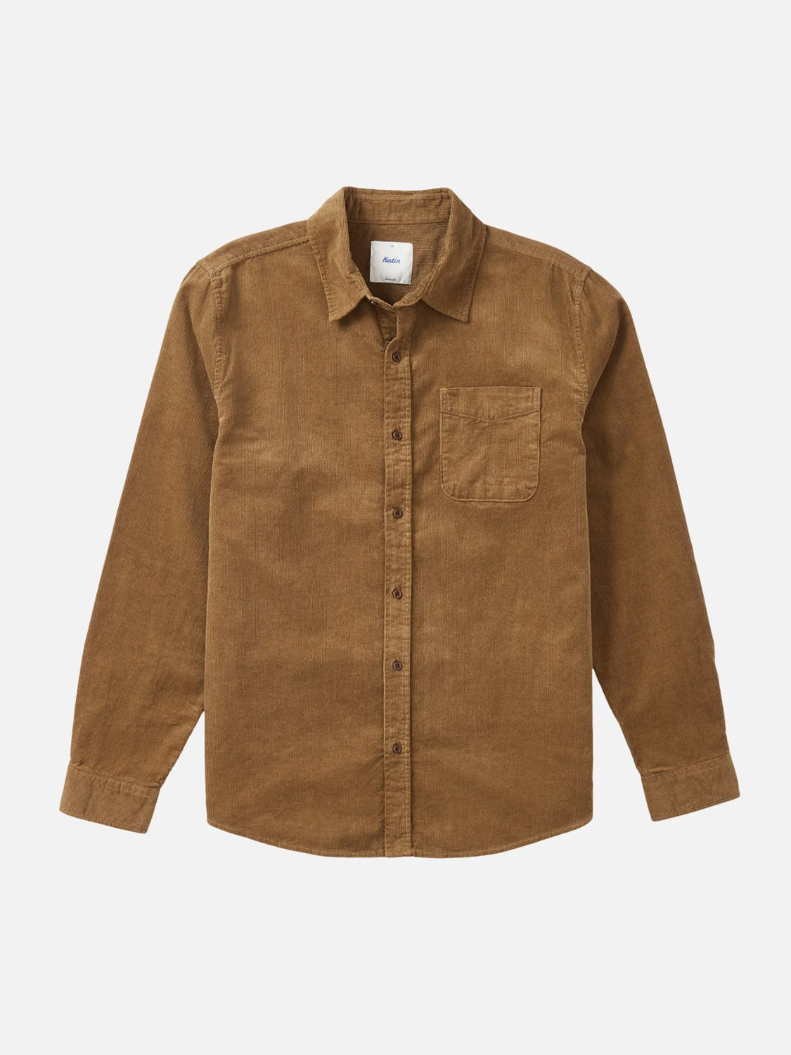 The Katin Granada Shirt, shown laid flat on a white background, is a brown long-sleeve cotton corduroy shirt featuring a collar, button-down front, and single chest pocket.
