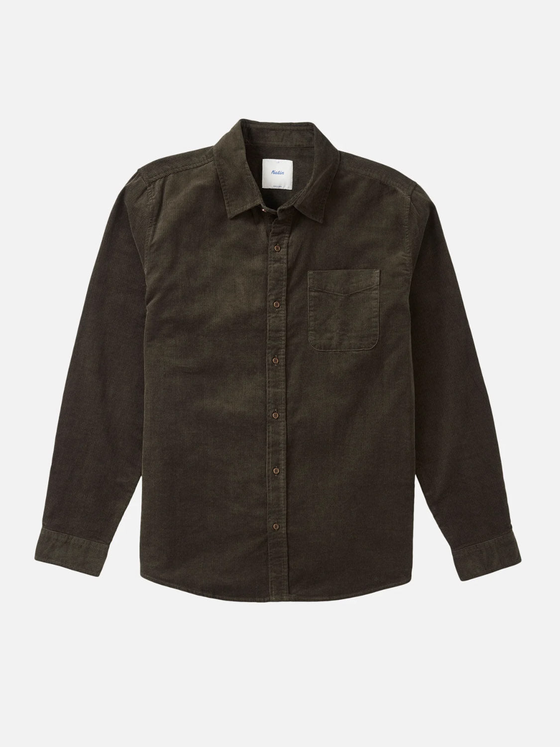 The Katin Granada Shirt is a dark brown, long-sleeve, button-down cotton corduroy shirt with a collar and single chest pocket, shown laid flat on a white background.