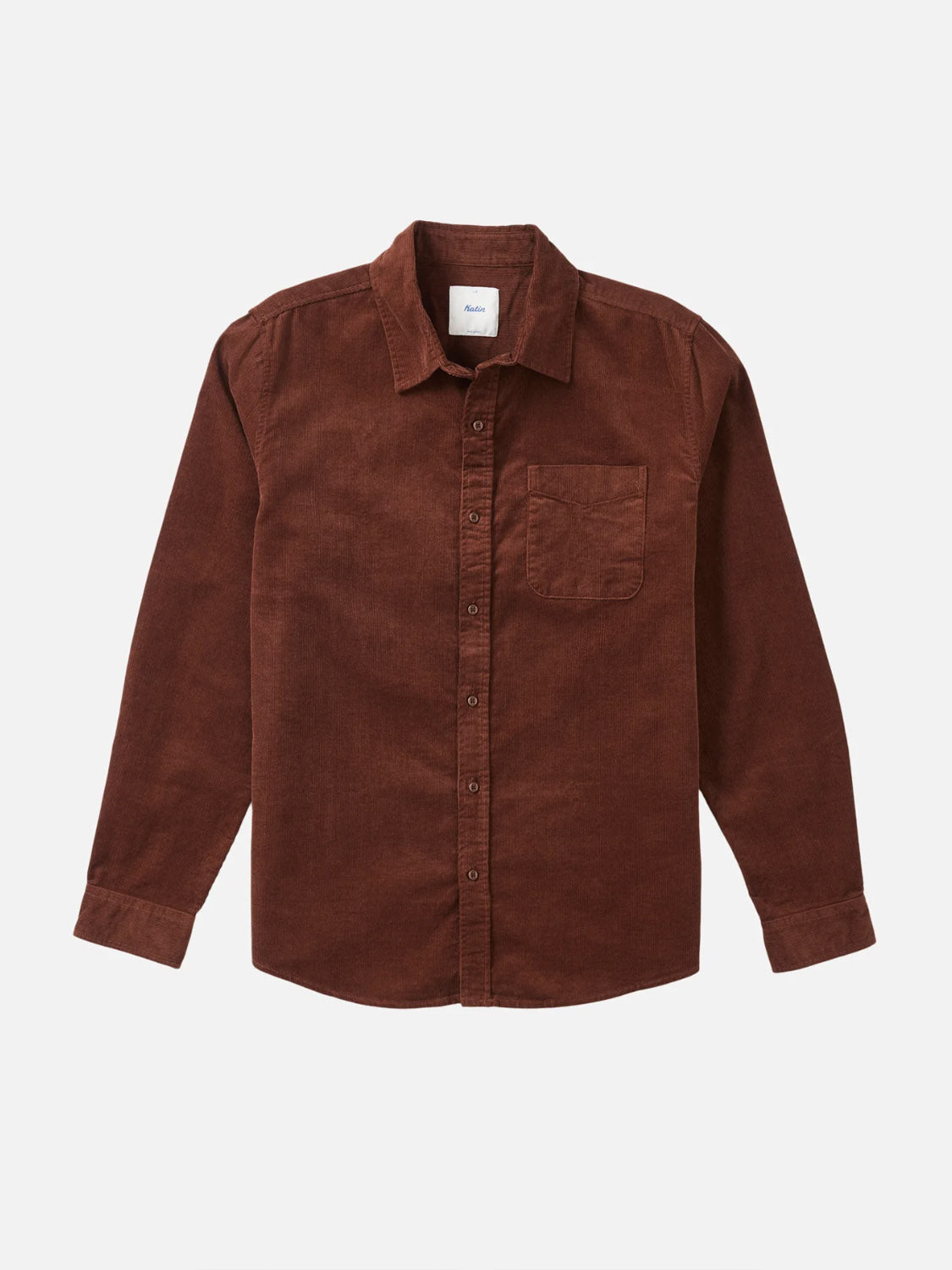 The Katin Granada Shirt is a rich brown, long-sleeve corduroy button-down with a single chest pocket, shown laid flat on a white background.