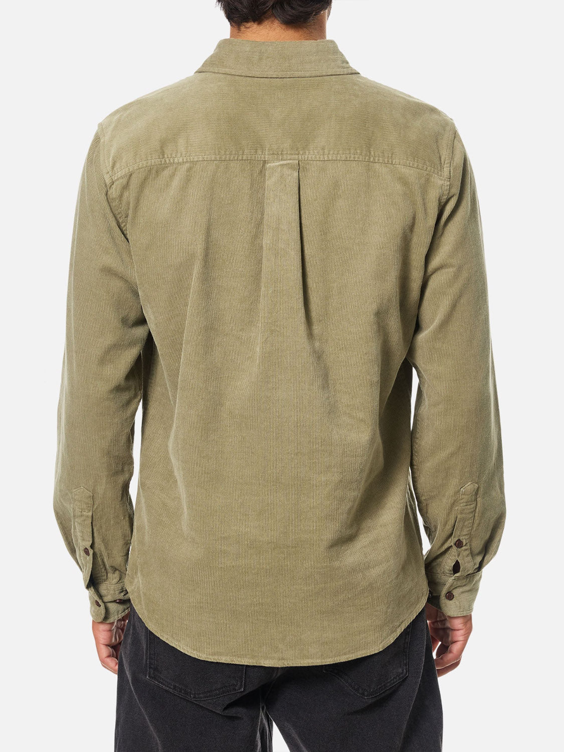A person shown from the back wears the Katin Granada Shirt in olive green with long sleeves, paired with black pants, against a plain white background.