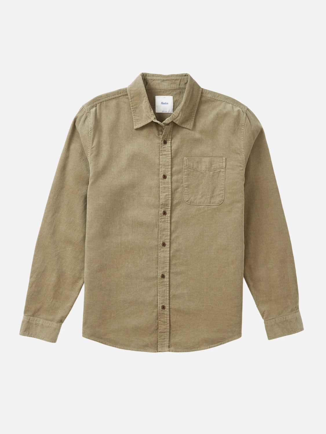 The Katin Granada Shirt is a khaki, long-sleeve cotton corduroy button-down with a chest pocket, shown against a plain white background.