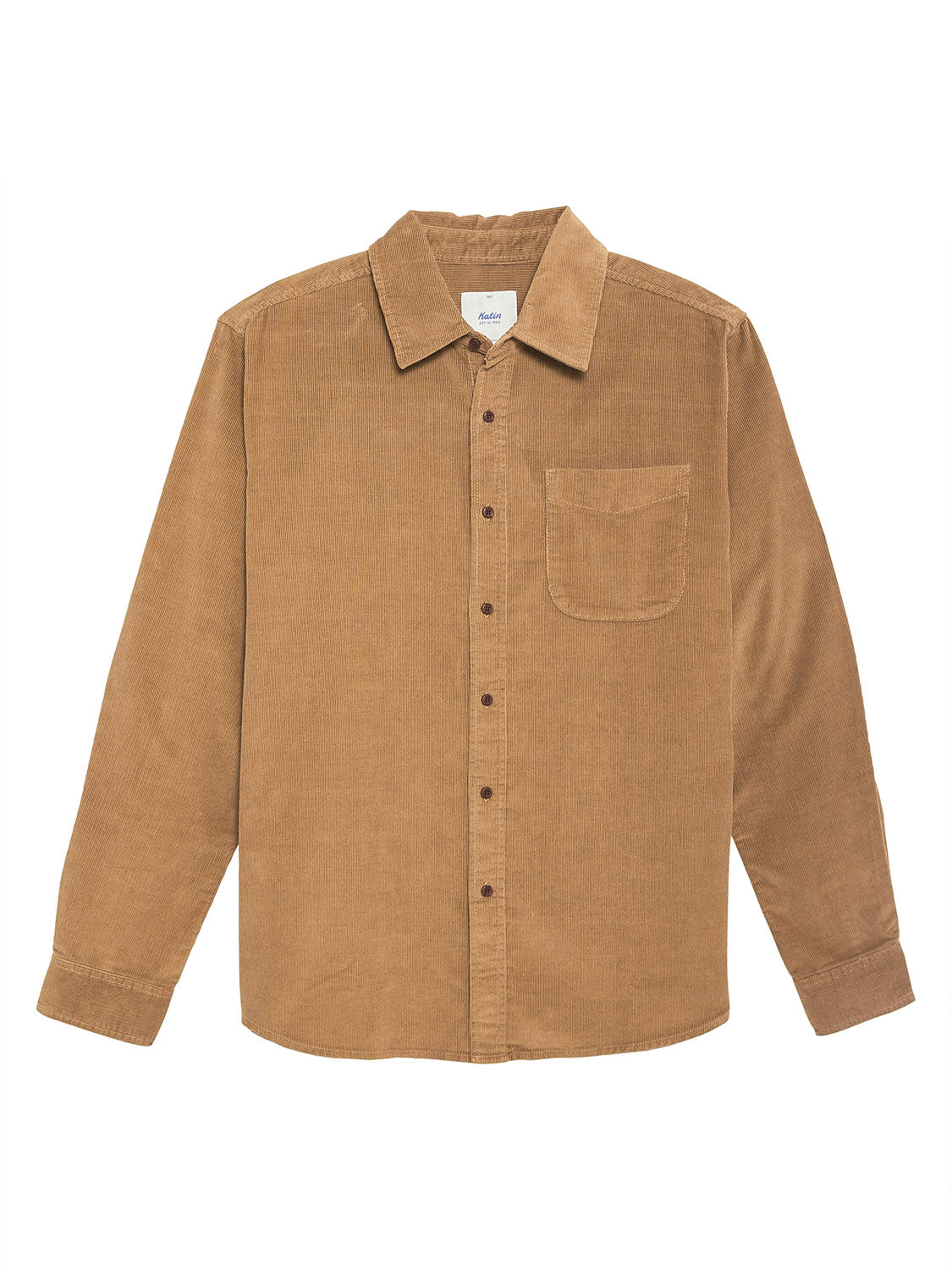 Introducing the Katin Granada Shirt from our fall collection. This brown cotton corduroy features long sleeves, a classic collar, left-side front pocket, and button-down design. Laid flat on a white background, its ideal for an effortless autumn look.