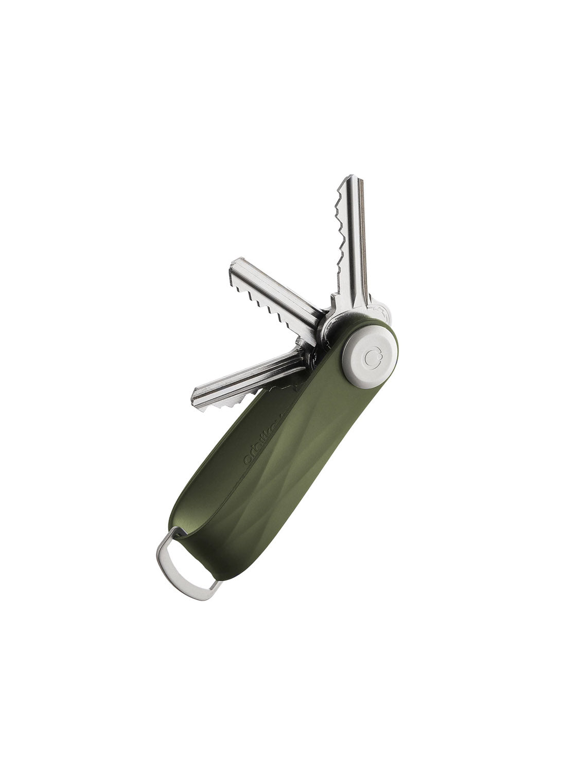The Orbitkeys Key Organizer Rubber Active in olive green securely holds four silver keys fanned out for easy access. Durable and compact, it features a metal loop, keeping your keys silent and organized against a white background.