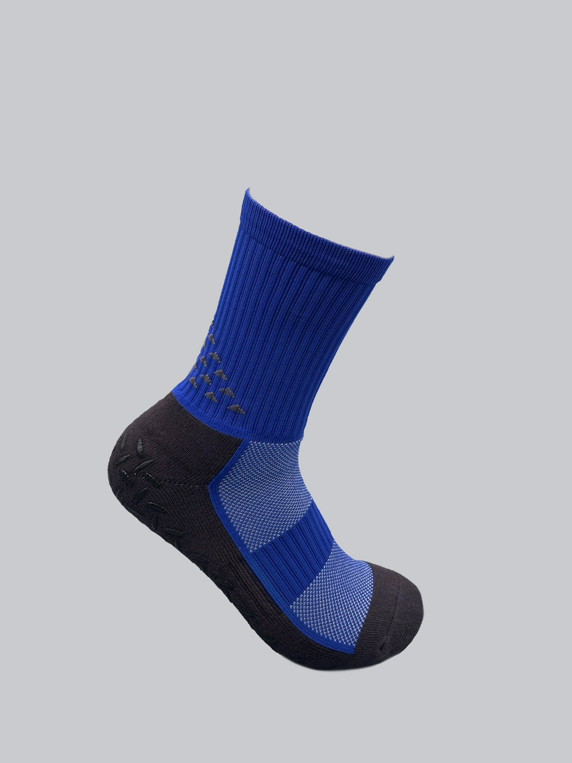 ID Menswears Grip Sports Socks are blue and black with ribbed texture and subtle patterns, featuring an anti-slip design for enhanced performance and comfort, displayed against a plain grey background.