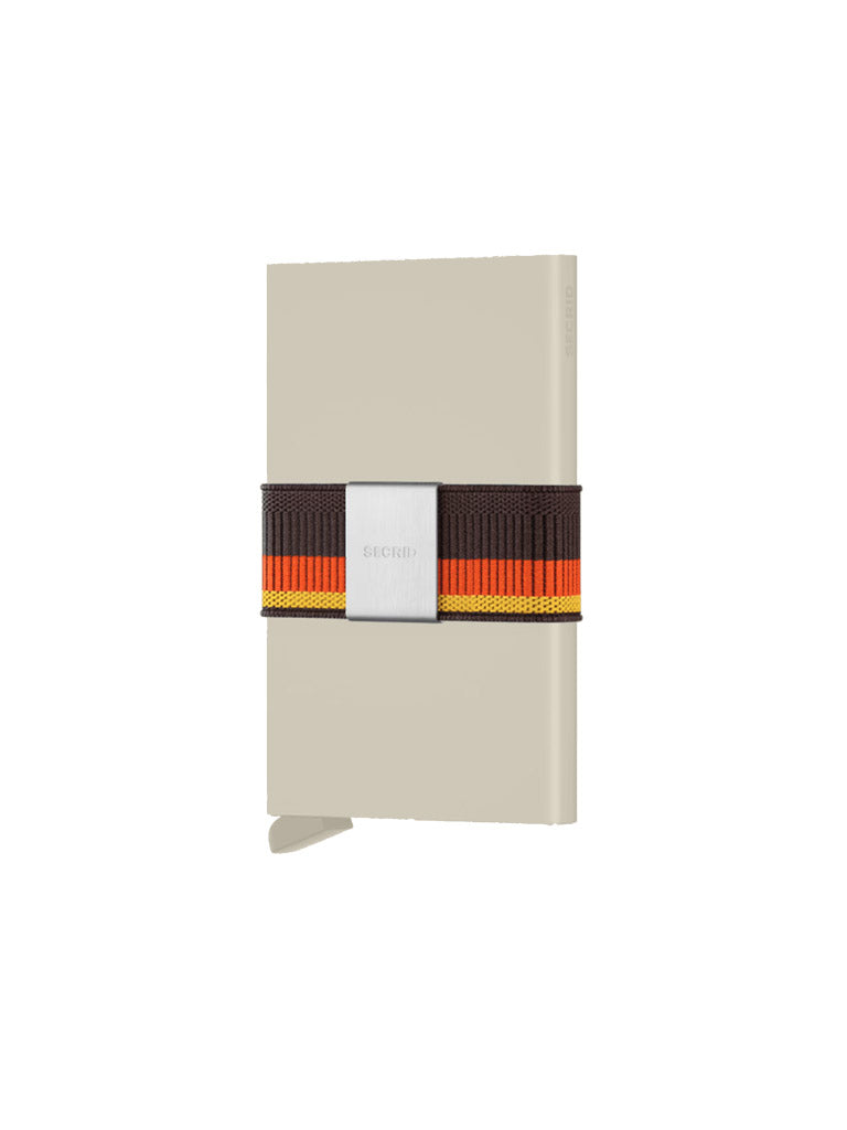 The Secrid Money Band Cardprotector Add-on, featuring brown, orange, and yellow stripes with a silver metal accent, is displayed upright against a white background.
