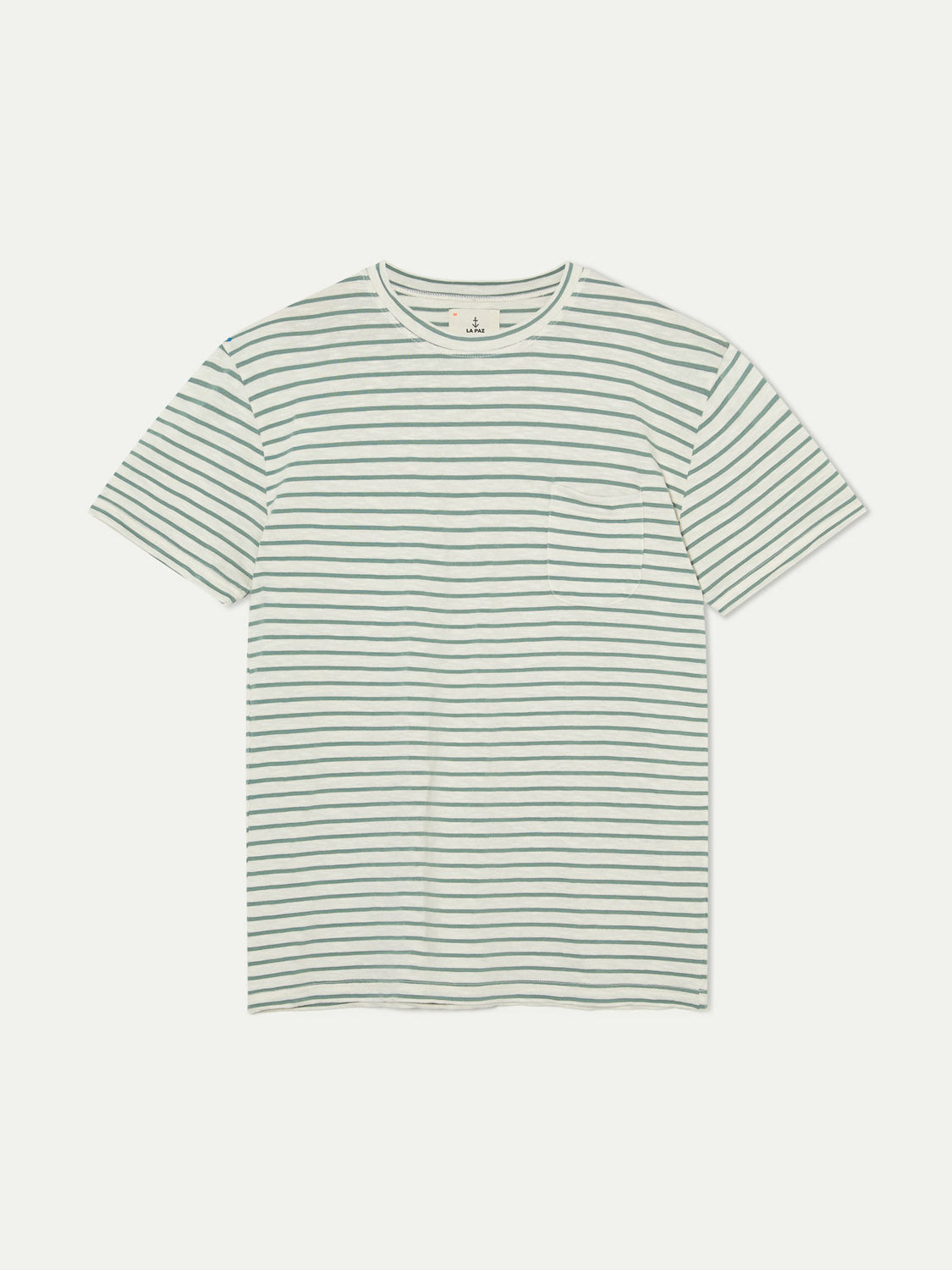 The La Paz Guerreiro Tee is a striped T-shirt featuring horizontal green and white lines, a crew neckline, and a chest pocket on the left side. Its crafted from lightweight cotton for a breezy summer feel.
