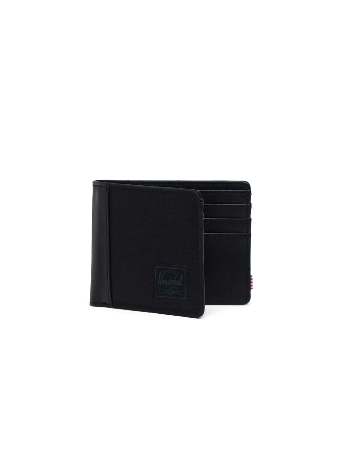 The Herschel Hank Wallet is a black synthetic leather bifold with card slots and a subtle front logo, shown open on a plain white background.