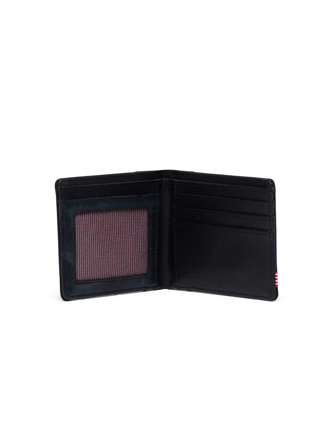 The Herschel Hank Wallet is a black bi-fold made of synthetic leather, shown open on a white background with multiple card slots on the right and a mesh ID window on the left. The wallet is empty.