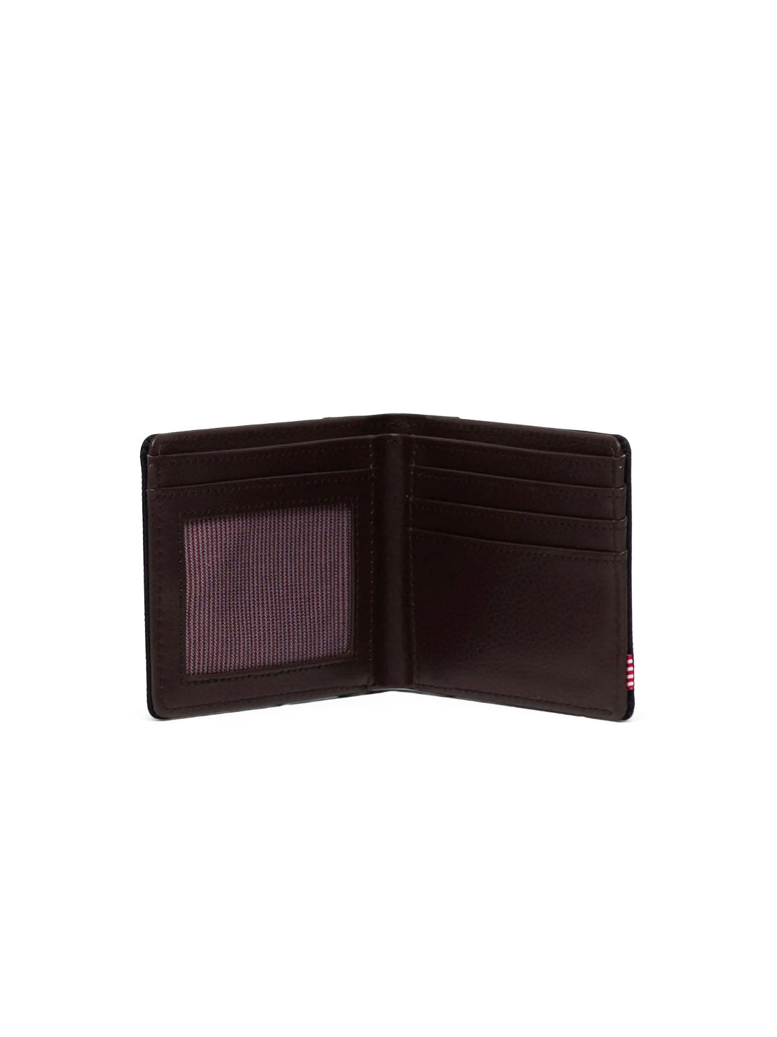 The Herschel Hank Wallet is an open black bi-fold made from synthetic leather, featuring multiple right-side card slots and a left transparent ID window, shown against a plain white background.
