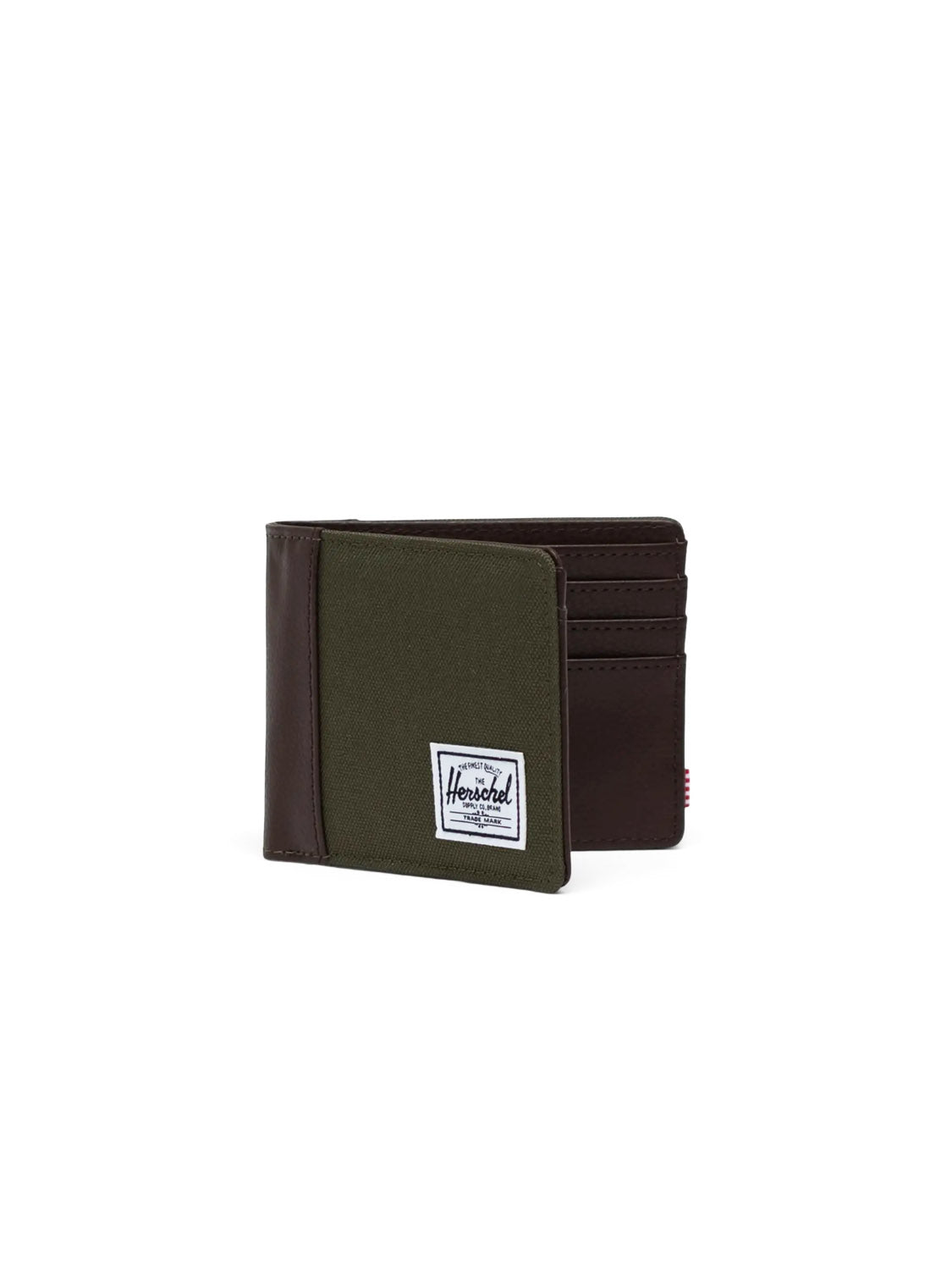 The Herschel Hank Wallet is a bi-fold wallet made with dark brown synthetic leather and olive green fabric, featuring RFID blocking, multiple card slots, and a white Herschel label on the front.
